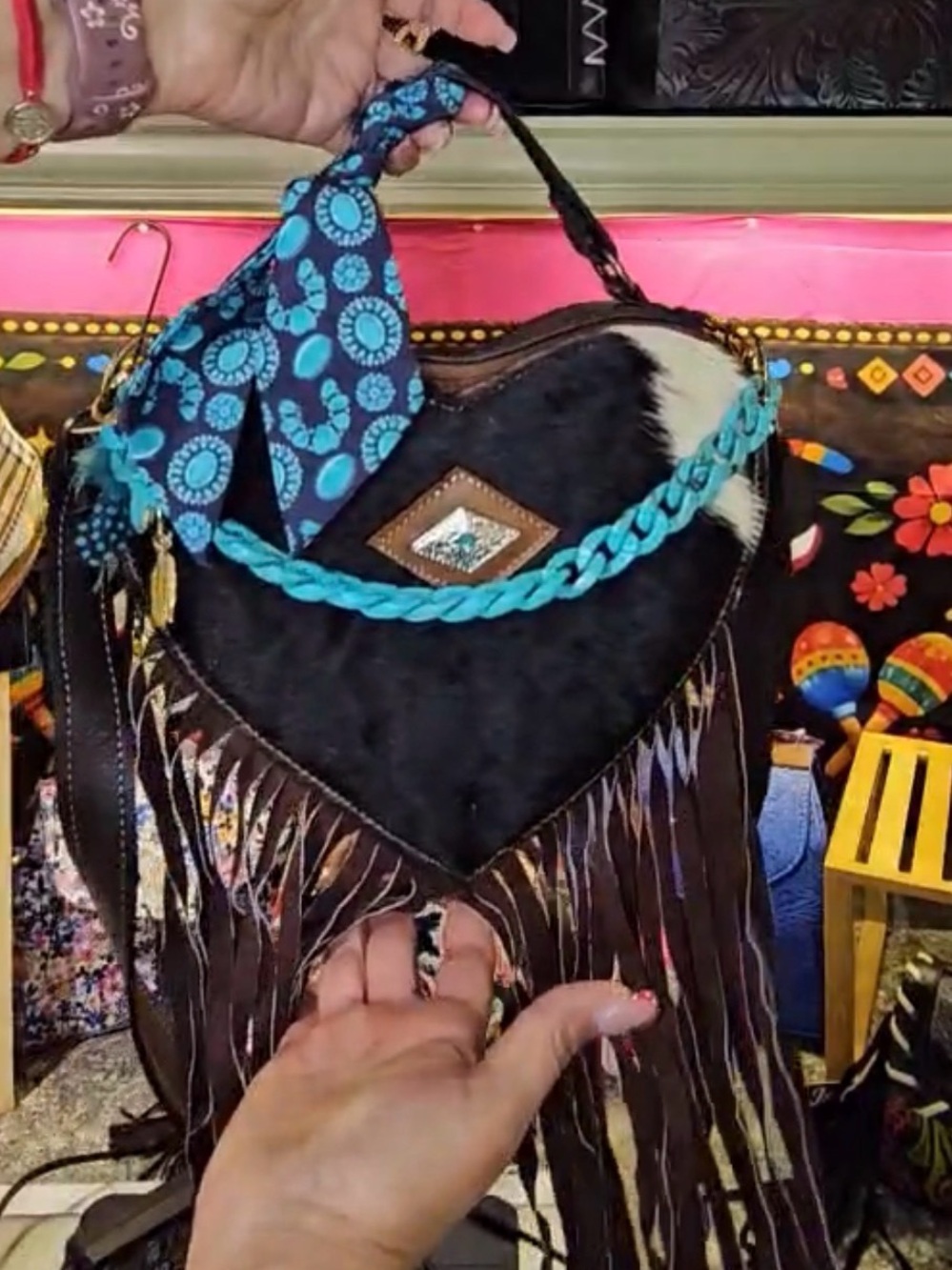 Heart Fringe Cowhide Crossbody Bag - Black & Brown